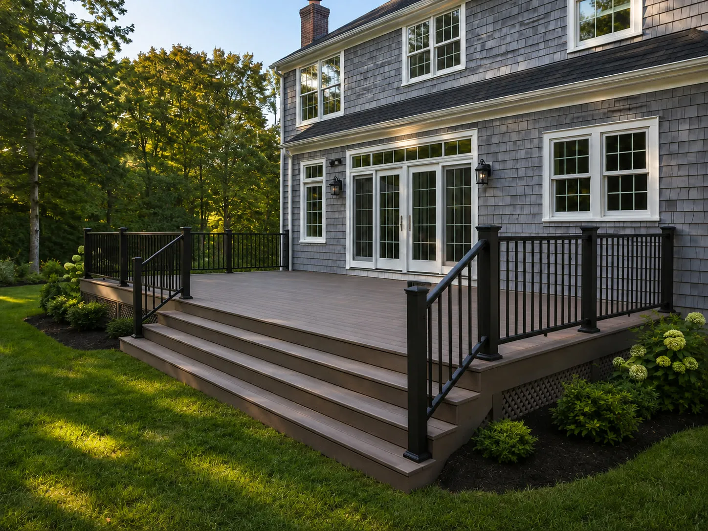 Composite deck with wide stairs built onto a grey shingled home