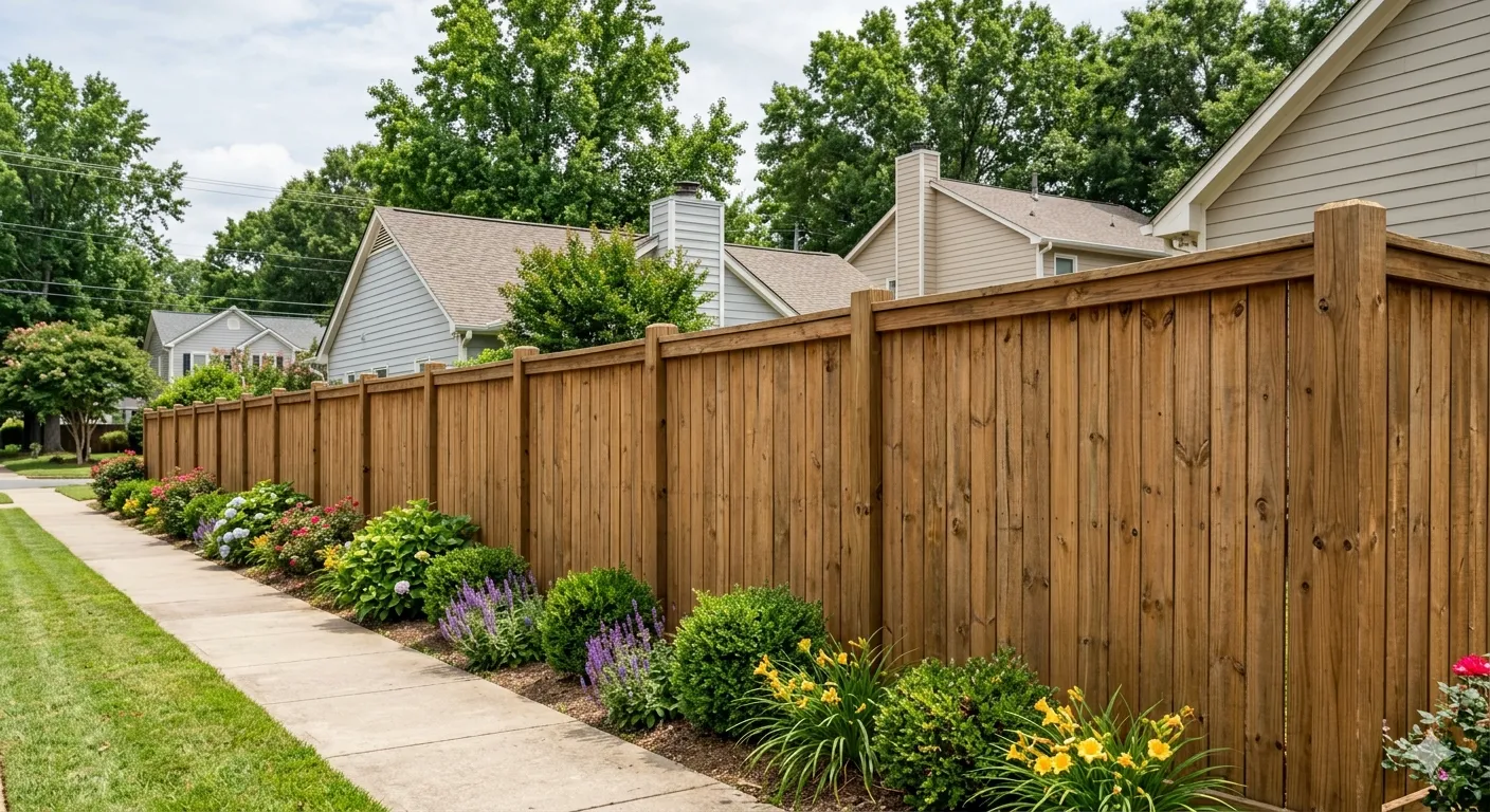 Completed wood privacy fence installation on a South Shore residential property